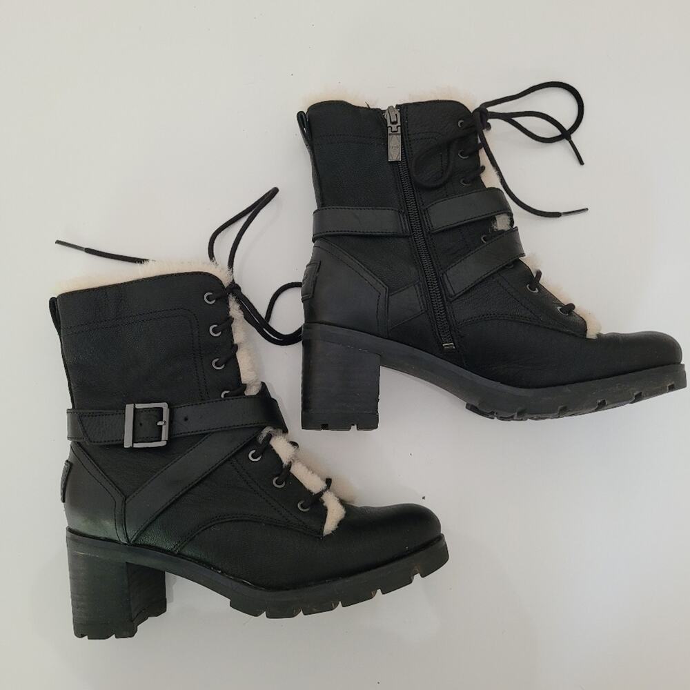 UGG "Ingrid" Black Leather Shearling Lug Soled Lace-Up Moto Combat Biker Boots-7 - Picture 8 of 14